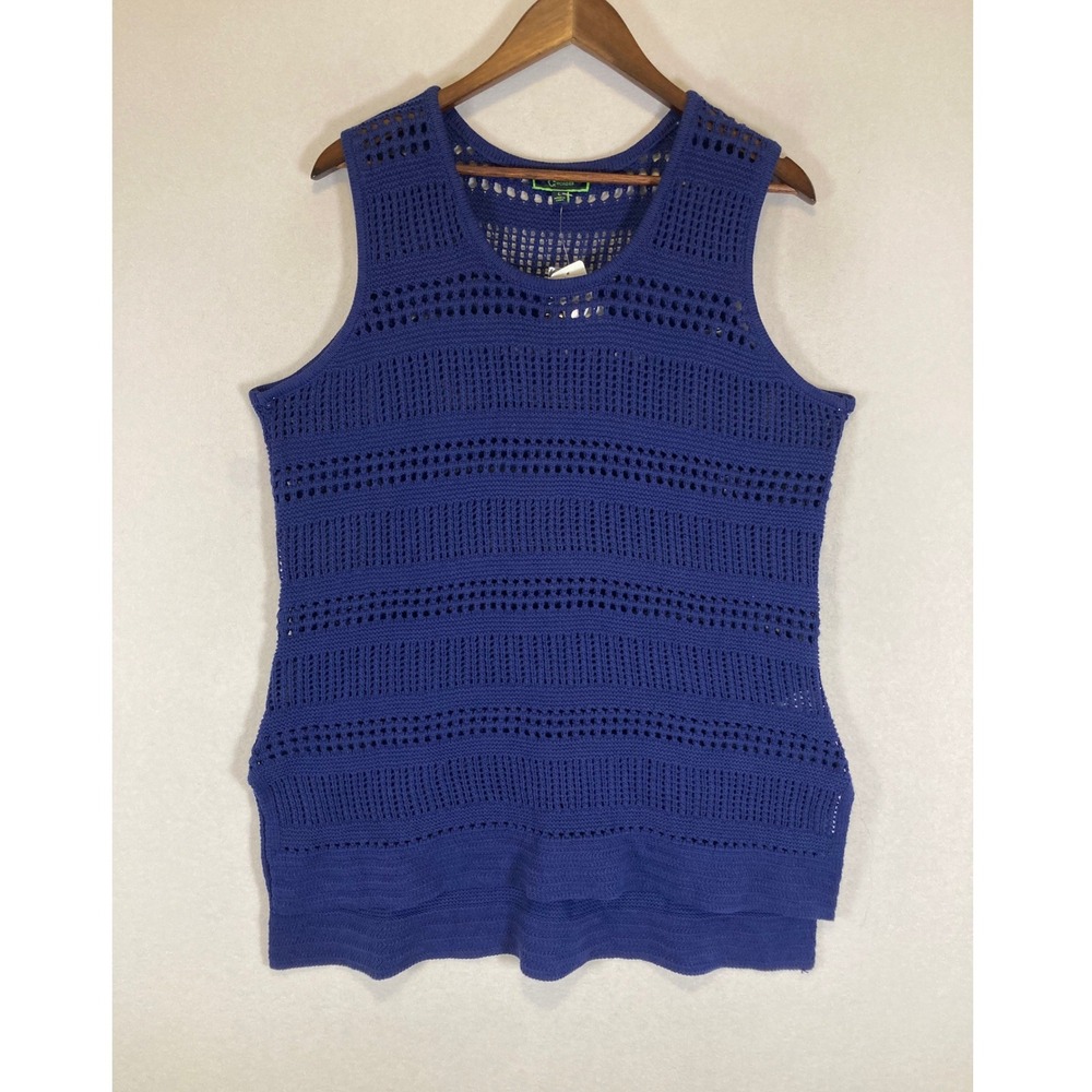 Boho Coastal C. Wonder Womens Large Blue Open Knit Crochet Scoop Neck Vest Top